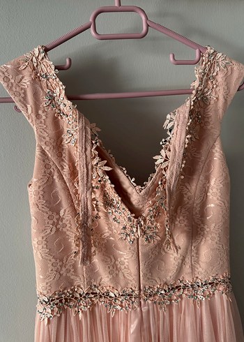 Dantel Detaylı Pudra Pembe Uzun Abiye Elbise - Görsel 2