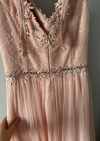 Dantel Detaylı Pudra Pembe Uzun Abiye Elbise - Görsel 3