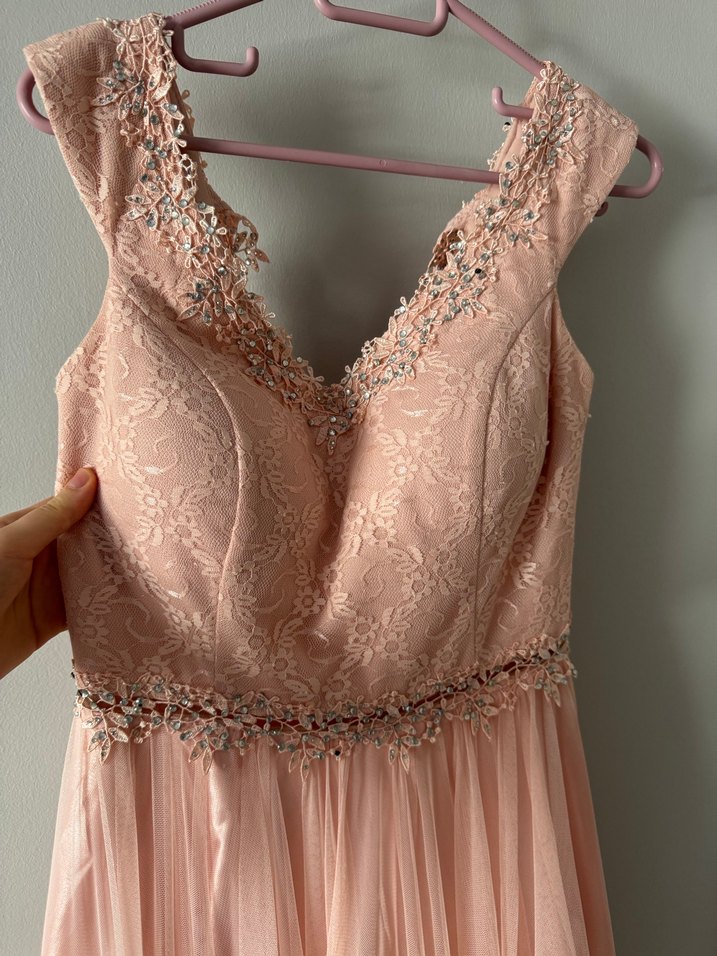 Dantel Detaylı Pudra Pembe Uzun Abiye Elbise - Görsel 4