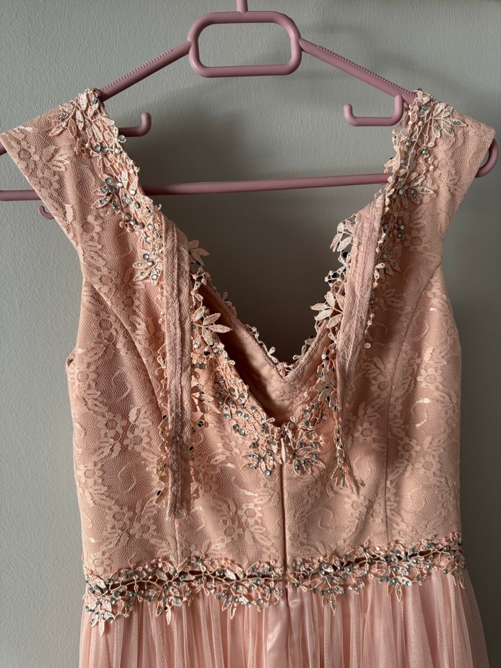 Dantel Detaylı Pudra Pembe Uzun Abiye Elbise - Görsel 2