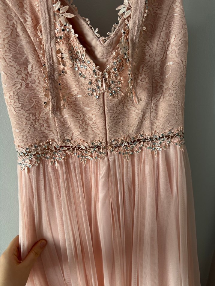 Dantel Detaylı Pudra Pembe Uzun Abiye Elbise - Görsel 3