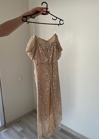 Bej Drapeli Straplez Midi Kadın Abiye Elbise - Görsel 3