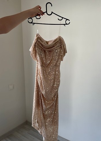 Bej Drapeli Straplez Midi Kadın Abiye Elbise - Görsel 2