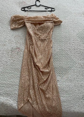 Bej Drapeli Straplez Midi Kadın Abiye Elbise - Görsel 4