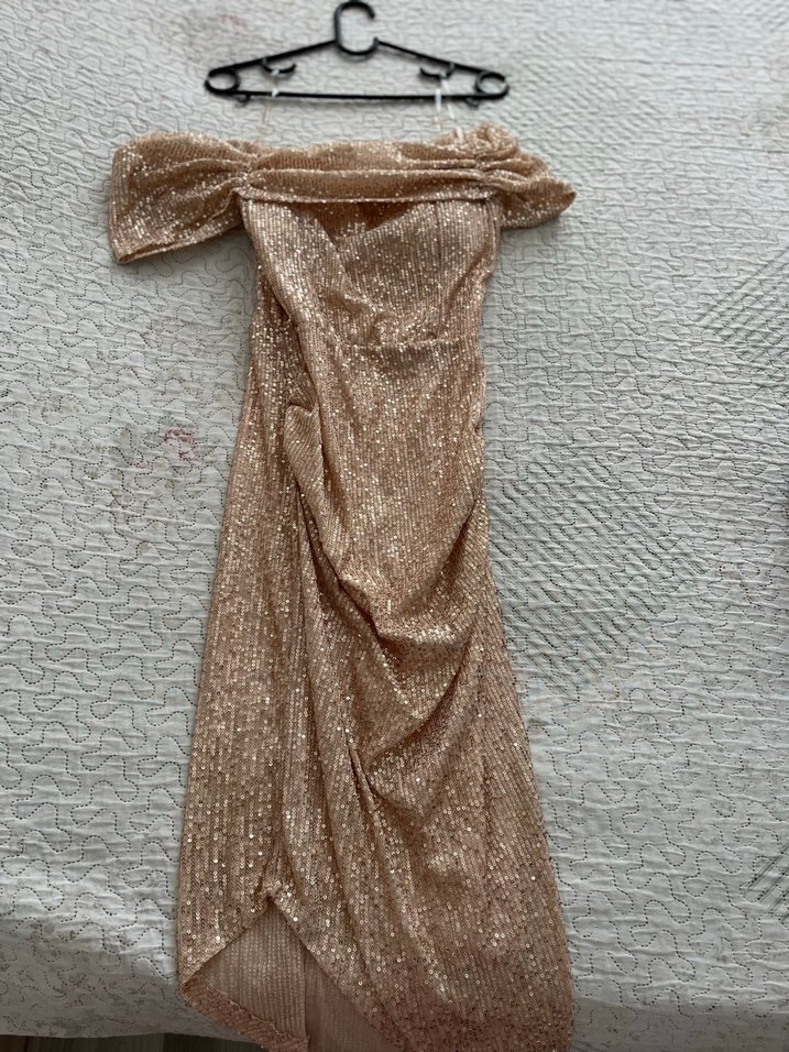 Bej Drapeli Straplez Midi Kadın Abiye Elbise - Görsel 4