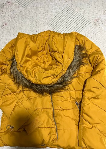 Sarı Kadın Midi Kaban, Kürklü, Sade - Görsel 2