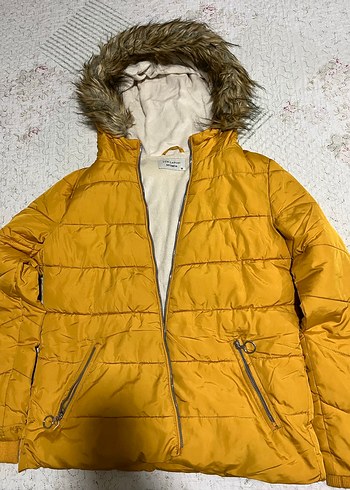 Sarı Kadın Midi Kaban, Kürklü, Sade - Görsel 3