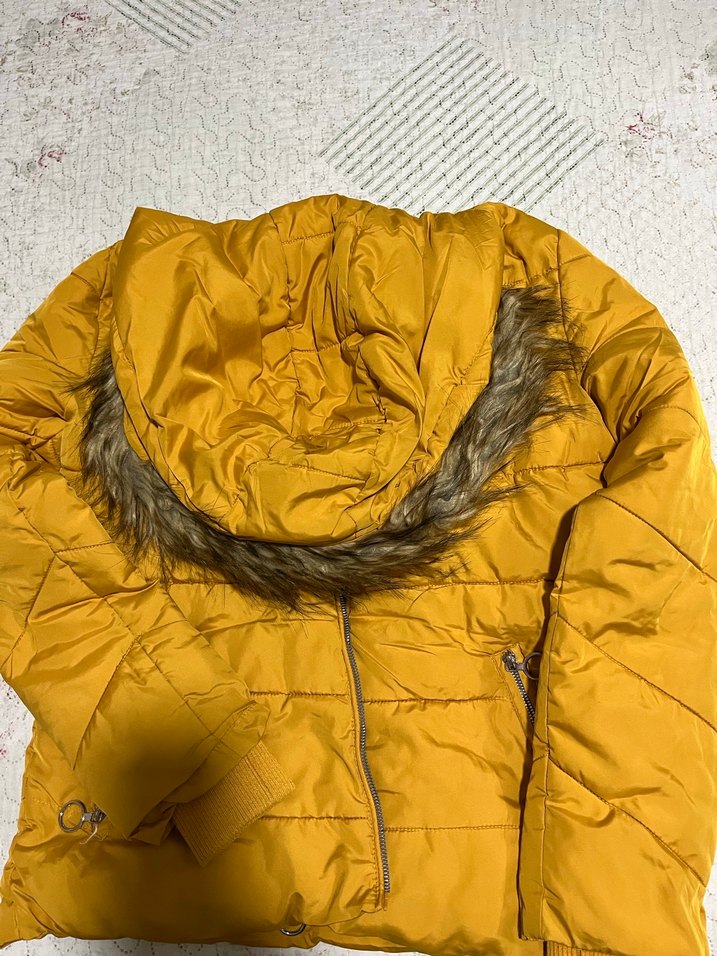 Sarı Kadın Midi Kaban, Kürklü, Sade - Görsel 2