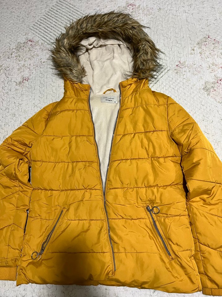 Sarı Kadın Midi Kaban, Kürklü, Sade - Görsel 3