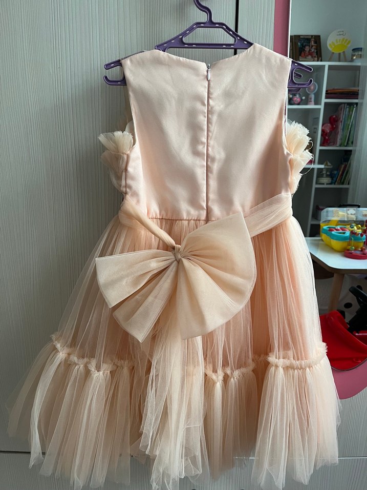 Pudra Renkli Fırfırlı Kız Çocuk Abiye Elbise - Görsel 2