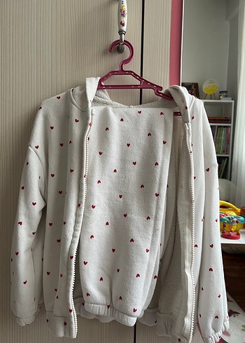 Beyaz Kalp Desenli kız çocuk Polar Sweatshirt takım