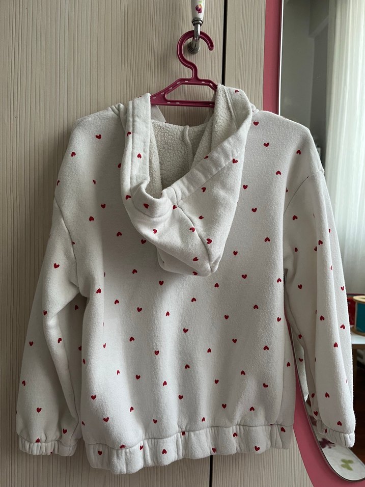 Beyaz Kalp Desenli kız çocuk Polar Sweatshirt takım - Görsel 3
