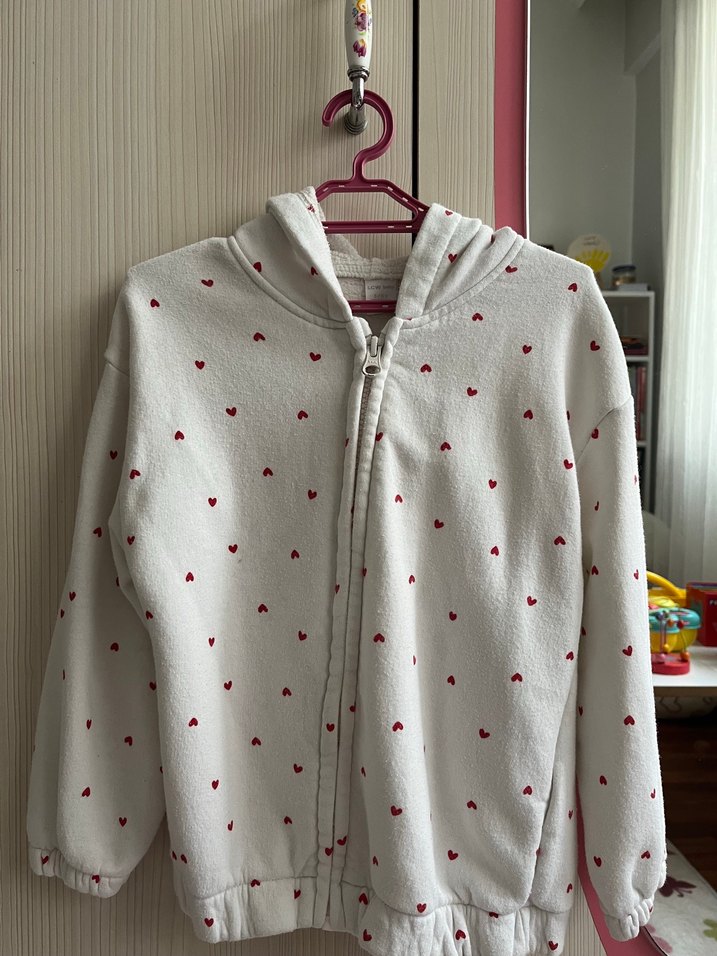 Beyaz Kalp Desenli kız çocuk Polar Sweatshirt takım - Görsel 2