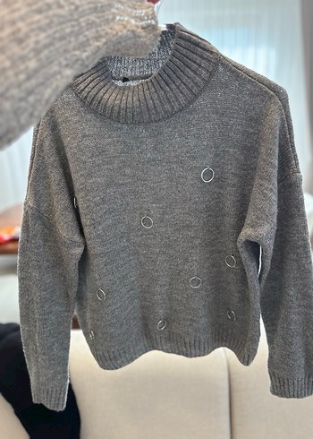 Gri Kadın Boğazlı Triko Kazak - Görsel 2