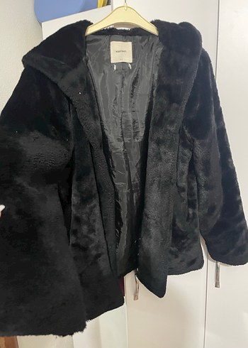 Kapüşonlu Siyah Peluş Kadın Mont - Görsel 3