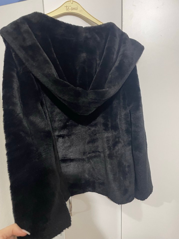 Kapüşonlu Siyah Peluş Kadın Mont - Görsel 2