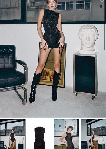 Siyah Parlak Mini Elbise - Görsel 3