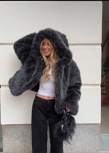 Gri Peluş Detaylı Midi Kadın Ceket - Görsel 2