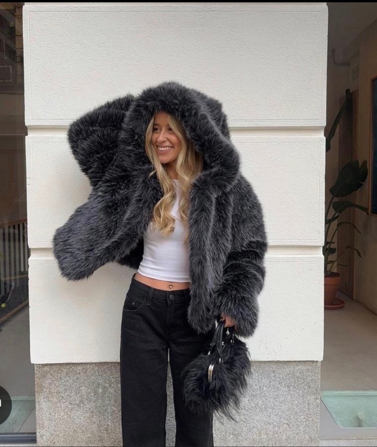 Gri Peluş Detaylı Midi Kadın Ceket - Görsel 2