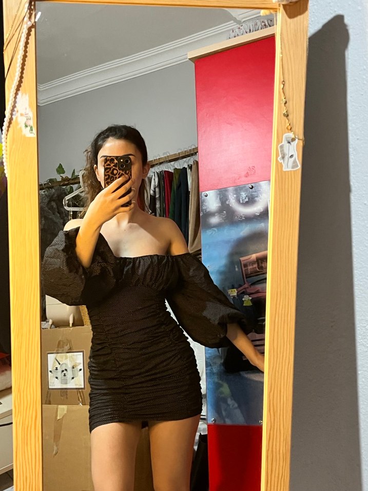 Puantiye Desenli Siyah Straplez Mini Elbise - Görsel 2