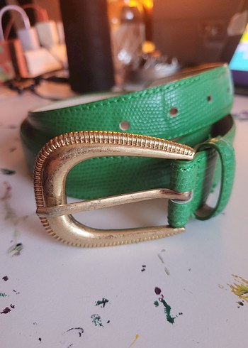 Parlak Yeşil Deri, Altın tokalı Kemer - Görsel 2