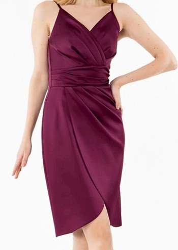 Mürdüm Saten Kruvaze Drapeli V Yaka Abiye Elbise - Görsel 2