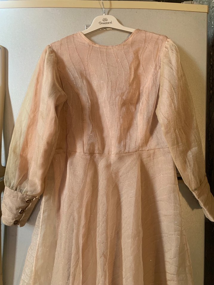 Vintage Bej Uzun Kollu Kadın Elbise - Görsel 4