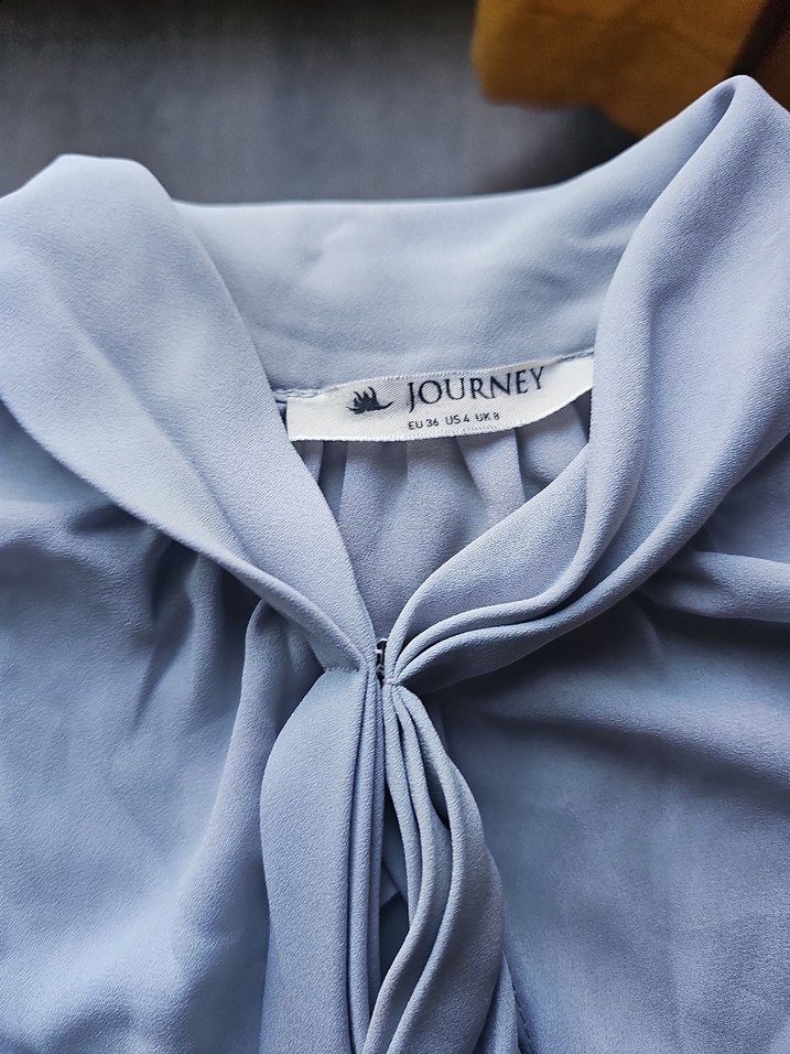 Mavi kısa Kollu fular Yaka Detaylı bluz - Görsel 3