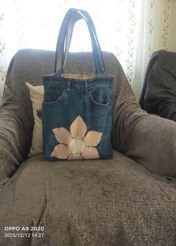 Kahverengi Çiçekli Kot Kumaş Kadın Çantası - Görsel 2