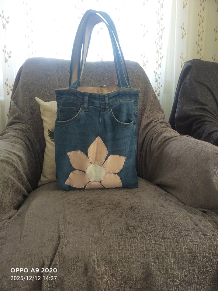 Kahverengi Çiçekli Kot Kumaş Kadın Çantası - Görsel 2