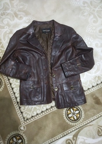 Kahverengi Deri Biker Ceket Düğmeli kadın - Görsel 7