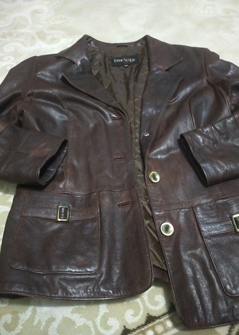 Kahverengi Deri Biker Ceket Düğmeli kadın - Görsel 2