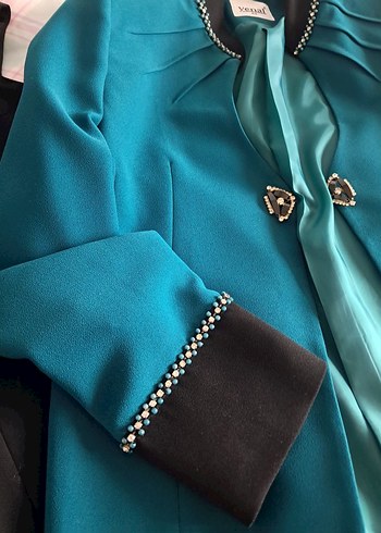 siyah petrol yeşili inci ve taş detaylı zarif elbise ceket takım - Görsel 5