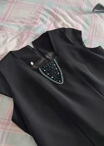 siyah petrol yeşili inci ve taş detaylı zarif elbise ceket takım - Görsel 2