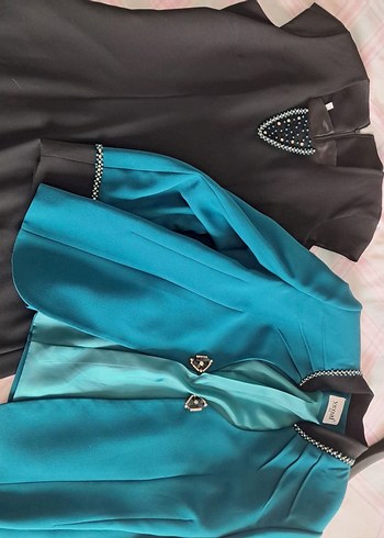 siyah petrol yeşili inci ve taş detaylı zarif elbise ceket takım - Görsel 3