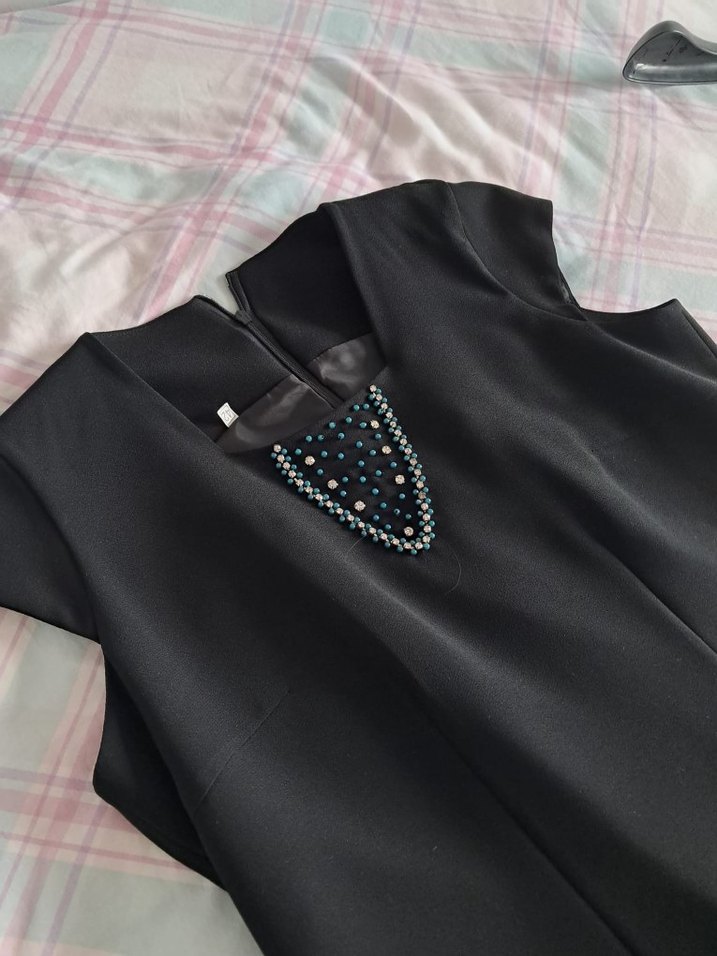 siyah petrol yeşili inci ve taş detaylı zarif elbise ceket takım - Görsel 2