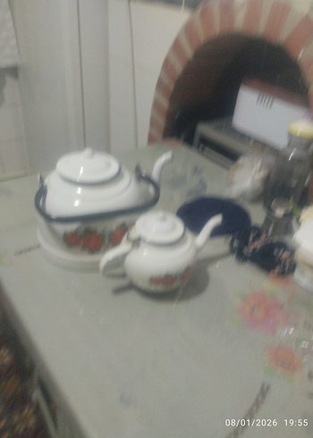 Beyaz Çiçek Desenli Emaye Çaydanlık - Görsel 3