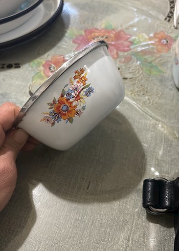 Çiçek Desenli Beyaz Emaye Kase - Görsel 8