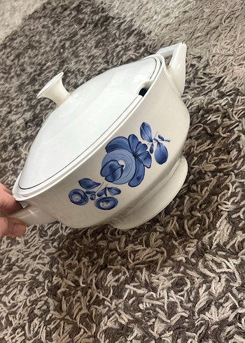 Mavi Çiçek Desenli Kapaklı çorbalık porselen - Görsel 6