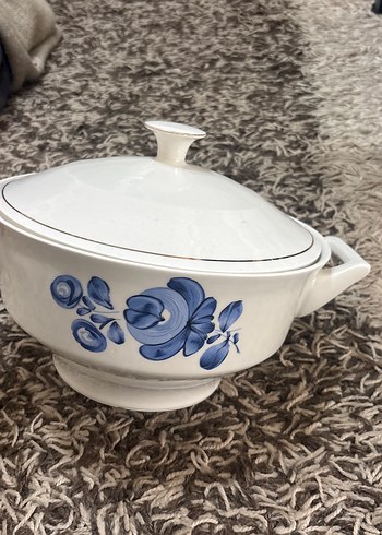 Mavi Çiçek Desenli Kapaklı çorbalık porselen - Görsel 4