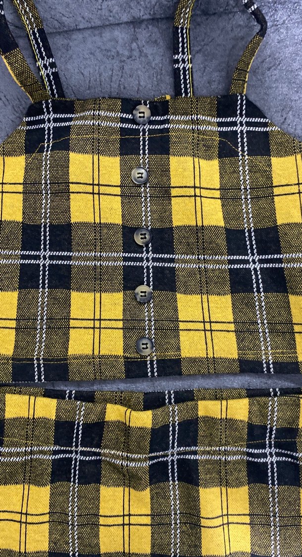 Düğmeli Sarı Ekose Sokak Stili kız çocuk takım - Görsel 2