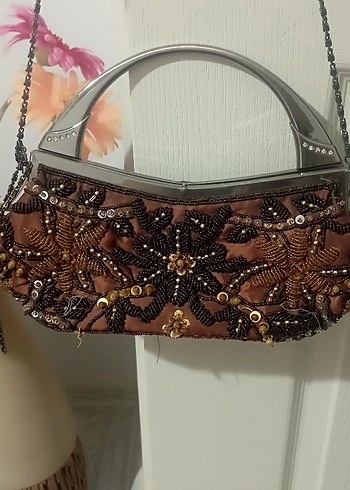 Boncuk İşlemeli Kahverengi Abiye Çanta - Görsel 2