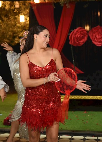 Kırmızı Pul Detaylı Midi Abiye Elbise - Görsel 2