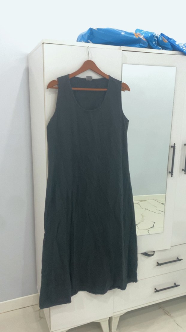 Siyah Kolsuz Keten Midi Elbise - Görsel 2