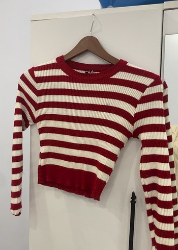 Kırmızı Çizgili Fitilli Kadın Kazak - Görsel 2