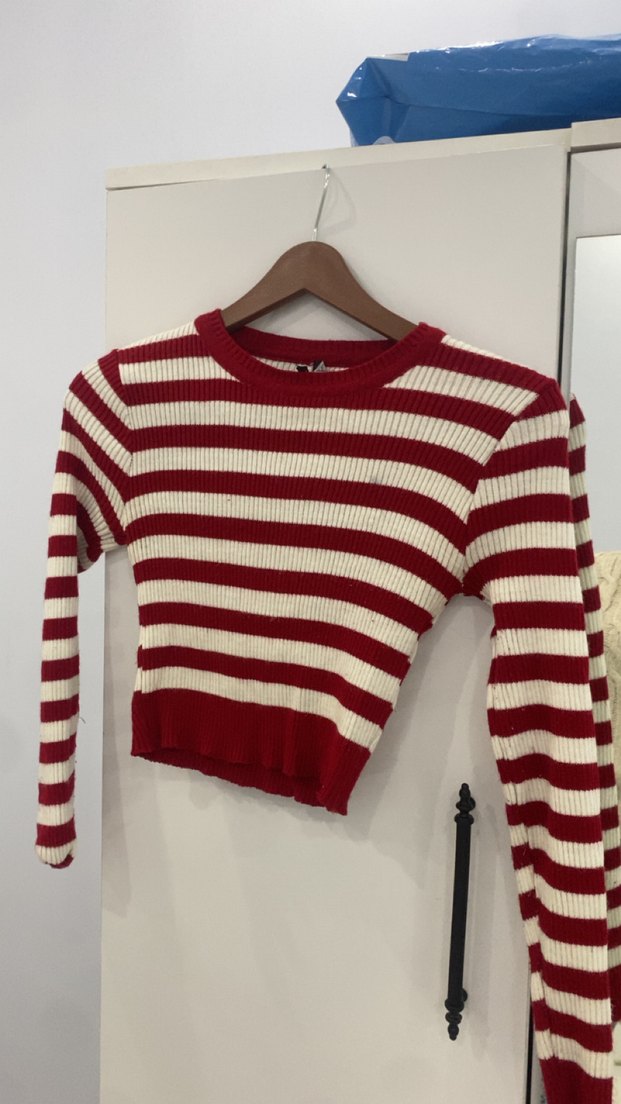 Kırmızı Çizgili Fitilli Kadın Kazak - Görsel 2