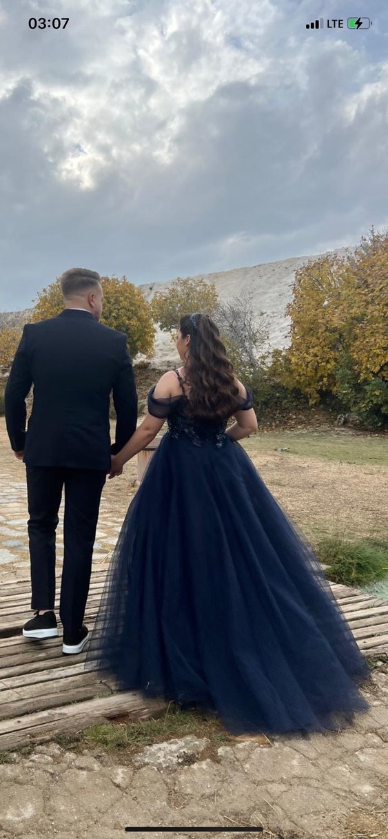 Koyu Mavi Straplez Gotik Uzun Abiye - Görsel 4