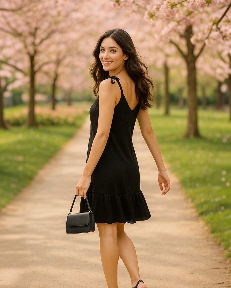 Siyah V Yaka Kolsuz Mini Elbise - Görsel 2