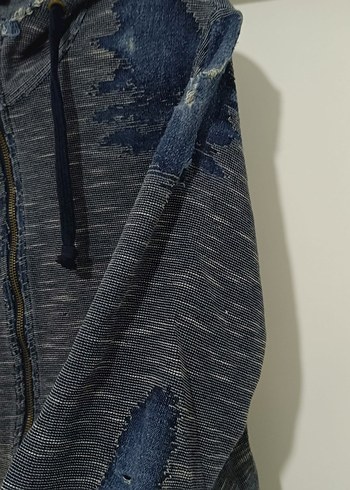 Gri Kapüşonlu Denim Detaylı Erkek Sweatshirt - Görsel 6