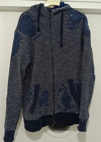 Gri Kapüşonlu Denim Detaylı Erkek Sweatshirt - Görsel 13